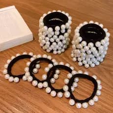 Kit 6/12/24  Elástico de cabelo Com 12 Pérolas branco acessorios xuxinha para cabelo Rabico de cabelo
