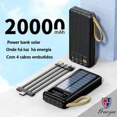 Carregador Portátil 5 Em1 Power Bank Solar 20.000mah Com Cabos LED lanterna