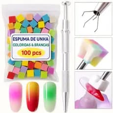 Kit Esfumado Perfeito Unhas Aplicador em Metal 100 Mini Esponjas Descartável Nail Art Gel Dafu