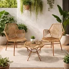 Kit 2 Cadeiras Tropicália + 1 Mesa Estrutura Cobre na Fibra Sintética P/ Jardim, Varanda e Piscina