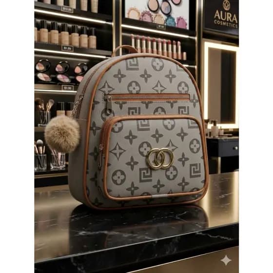 Mochila Feminina Con Monograma Pequena de Couro Sintetico + Chaveiro Pompom – Estilosa, Casual, Fashion e Dia a Dia