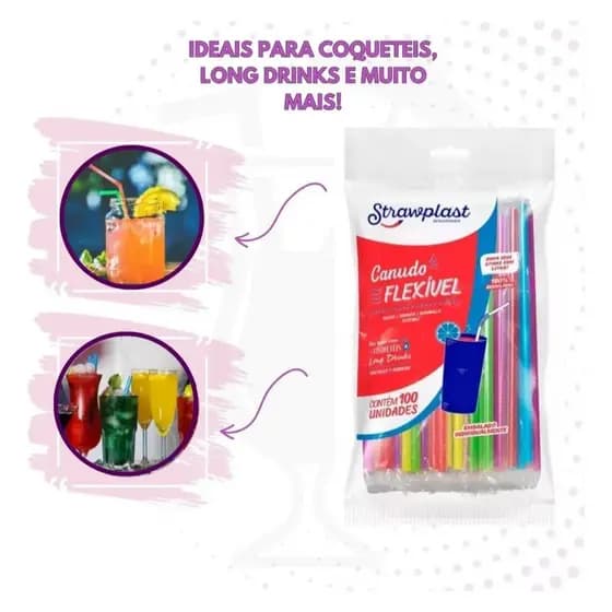 Canudo Colorido Flexivel Descartavel p/ festas bebidas Cor Variadas