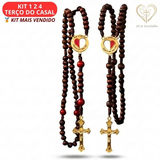 kit 1 2 4 Terço do Casal Católico  Madeira entremeio  Coração Cruz metal "Por Onde For Quero Ser ...
