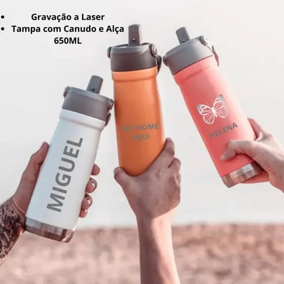 Garrafa Térmica 650ml FLIP PERSONALIZADA A LASER NOME ARTE EM SILHUETA  Alça Bico Canudo Squeeze VOLTA AS AULAS ACADEMIA