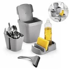 Kit Pia 4 Peças Cozinha Prático - Escorredor Talheres, Rodinho Pia, Lixeira 4,8 Litros e Dispenser Detergente