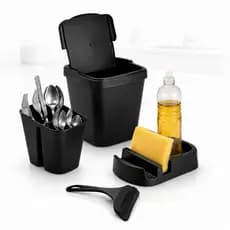 Kit Cozinha Pia 4 em 1 – Lixeira com Tampa + Porta Talheres + Suporte Esponja + Rodo