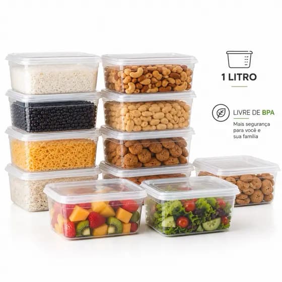 Kit 5 Pote 1 Litro Transparente Com Tampa Reutilizável Para Armazenar Alimentos Livre de BPA, Freezer, Microondas