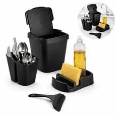 Kit Cozinha Organizador de Pia 4 Peças – Lixeira + Porta Talheres + Suporte Detergente – Cozinha Moderna e Prática