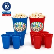 Kit pipoca completo 5 baldes + 5 copos reutilizáveis sessão filme cinema casa inverno