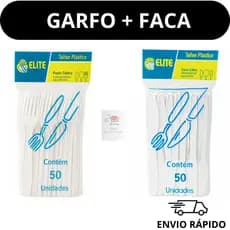 Kit Garfo e Faca  Reforçado Descartável 100 Unidades – 2 Pacotes de 50 Talheres Plásticos para Festa, Churrasco
