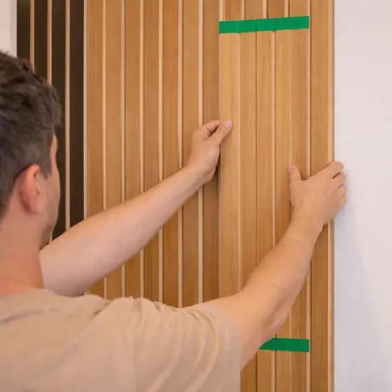 Kit 5 Á 50 Placas Ripadas Autocolante MDF Madeira Premium 45X10 Decorativo Escritório Quarto Sala Tv