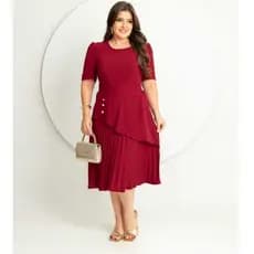 Vestido Feminino Midi Plissado Elegante, Manga Curta. Moda Evangelico Tecido Duna