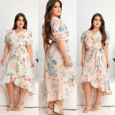 Vestido Feminino Envelope Estampado Midi, Elegancia E Frescor , Manga Princesa Assimetrica