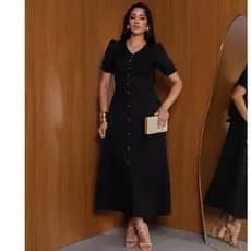 Vestido Feminino longo Evangelico elegante tecido duna linho manga bufante decote gola V