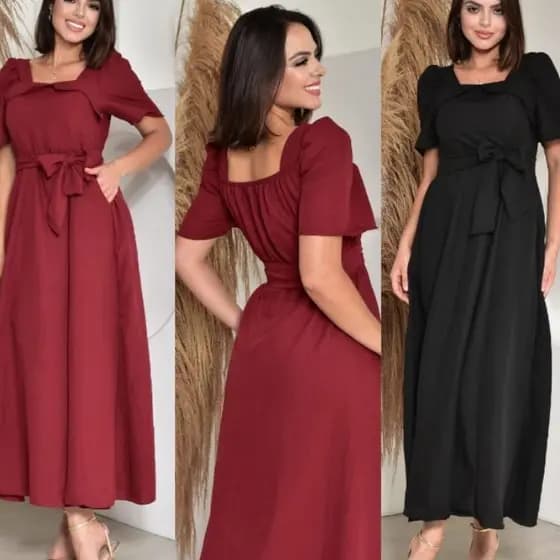 Vestido Longo Femenino Laço Na Cintura ( Tecido Duna, Manga Curta, Midi. )