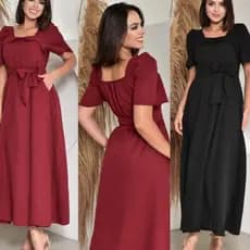 Vestido Longo Femenino Laço Na Cintura ( Tecido Duna, Manga Curta, Midi. )