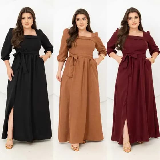 Vestido Longo Feminino Liso Com Elastex atrás na cintura e forro/ Gola Quadrada- Moda Evangélica