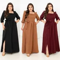 Vestido Longo Feminino Liso Com Elastex atrás na cintura e forro/ Gola Quadrada- Moda Evangélica