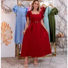Vestido Midi Feminino Rodado com Cinto Moda Evangélica Elegante Manga Babado Social Casual
