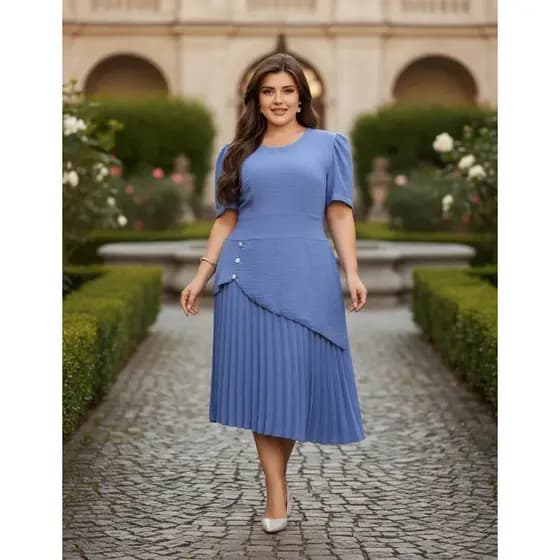 Vestido Plissado, Feminino Elegante e Casual. Tecido Duna Plus Size Midi, Manga Curta