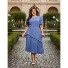 Vestido Plissado, Feminino Elegante e Casual. Tecido Duna Plus Size Midi, Manga Curta