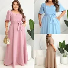 Vestido Feminino Midi Manga Curta com Cinto Amarração Elegante Casual