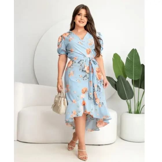 Vestido Midi Assimétrico Feminino Manga Princesa