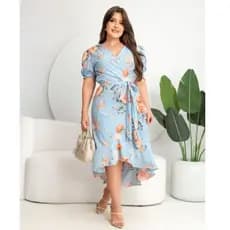 Vestido Midi Assimétrico Feminino Manga Princesa