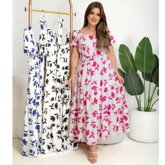 Vestido Midi Floral Feminino com Cinto Manga Curta Elegante