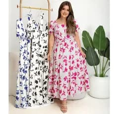 Vestido Midi Floral Feminino com Cinto Manga Curta Elegante