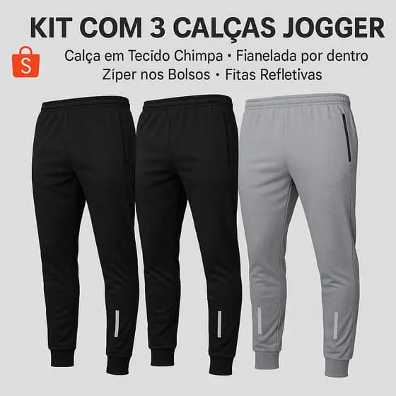 Calça Jogger Masculina Kit com 3 unidades Bolsos com Ziper Skinny