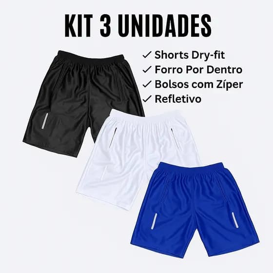 Kit com 1 2 ou 3 Shorts Bermuda Dry Fit Esportiva Treino Com Ziper no Bolso