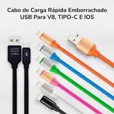 Cabo de Carga Rápida Revestido Emborrachado USB Para V8, TIPO-C E IOS