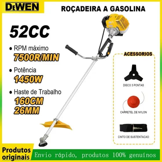 Roçadeira a gasolina 52cc 2hp 3 em 1 corte e aparo，arbustos1450W Motor 2 Tempos, extensível em 160cm