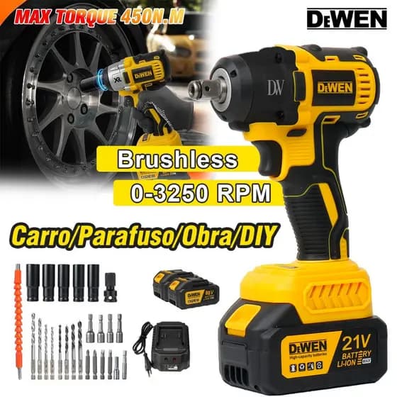 Chave de impacto sem escova 450NM (1/2IN) Pol Parafusadeira Chave De Impacto 2 Baterias Brushless