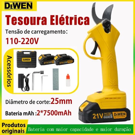 Tesoura Elétrica De Poda Jardim Sem Fio Com 2 Baterias 21V Podagem Carpintaria Portátil