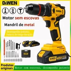 Furadeira Parafusadeira De Impacto Sem Fio bateria 2Baterias 48V Mandril de metal Bivolt em caixa de plástico e acessóri