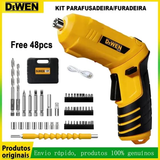 Kit Parafusadeira de impacto 1500mah com Luz Led Kit Parafusadeira Doméstica 48 peças À Bateria USB Recarregável