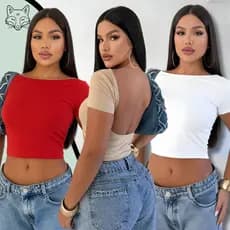 Cropped Costa Nua Suplex Feminina Ombro a Ombro manga curta Baby Tee Liso Casual Básico Tecido Duplo