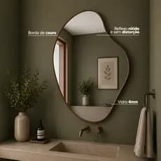 Espelho Orgânico Pinterest Decorativo para Banheiro Lavabo 80x50cm Vidro 4mm Moldura de Couro Reflexo Nítido com Suporte