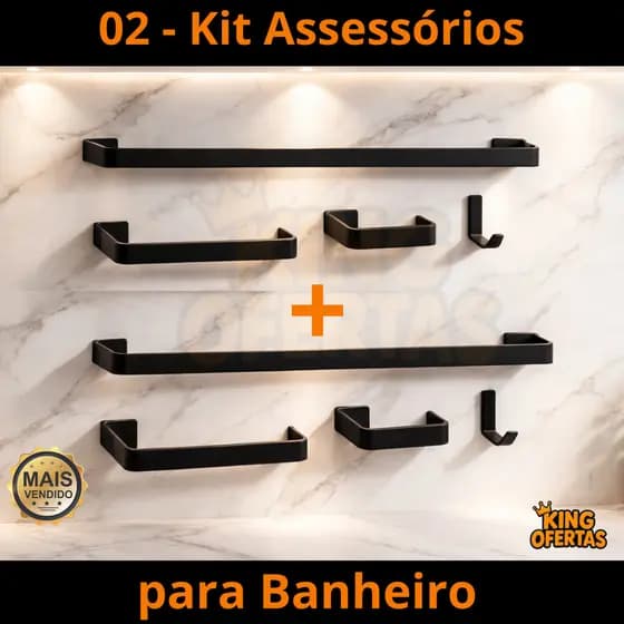 Combo com 02 - Kit de Acessórios para Banheiro PRETO FOSCO Quadrado 4 Peças cada