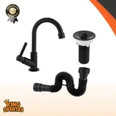 Kit Preto para Lavatório de Banheiro - Torneira ABS + Valvula 7/8 + Sifão Black