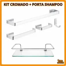 Kit Acessorios para Banheiro Quadrado Cromado Luxo - 4 Peças + Porta Shampoo