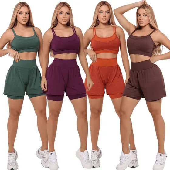KIT 4 Conjuntos Fitness Feminino Cropped Alcinha Short Duplo Modelador Academia Várias Cores P Ao GG