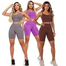 KIT 3 Conjuntos Academia Feminino Top Alcinha e Bermuda Ciclista Modeladora Suplex Premium