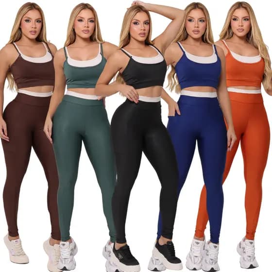 Kit 5 Conjuntos Feminino Fitness Legging Cintura Alta Top Academia Luxo P ao GG Legging + Top Suplex Premium Confortável