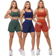 KIT 3 Conjuntos Fitness Feminino Cropped Alcinha Short Duplo Modelador Academia Várias Cores P Ao GG