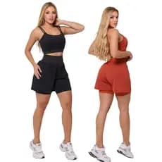 KIT 2 Conjuntos Fitness Feminino Cropped + Short Duplo Academia Cintura Alta Dry Fit Moda Fitness