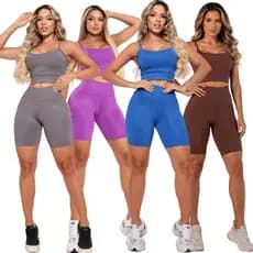 KIT 4 Conjuntos Feminino Esportivo Academia Top Cropped e Bermuda Ciclista Suplex Premium