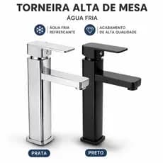 Torneira Banheiro Alta Quadrada Mesa Cuba Apoio Preta Cromada Água Fria Luxo Lavabo